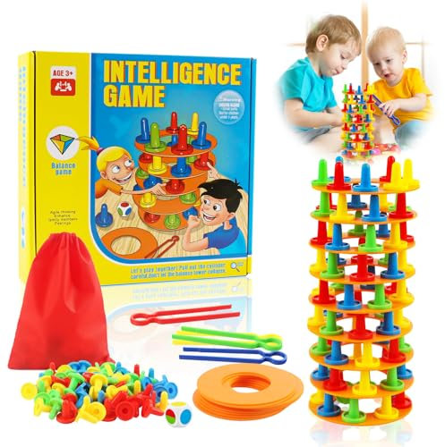 TIVUNORON Tour de Blocs pour Enfants, Jeu d'empilage de Tour, Jeux d'équilibre de la Famille Montessori pour la Motricité Fine, Jeu de Société pour Enfants Adultes, Cadeaux pour Les 3 Ans et +