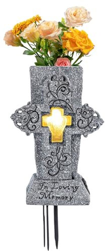 Cemetery Vase Cemetery Vases For Grave, Cross Flower Holder For Cemetery With Solar Light, Resin Grave Flower Holder With Ground Spike For Loss Of Loved One Sympathy,Grave Flower Holder