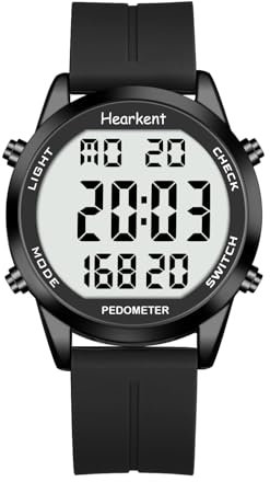Hearkent Orologio da polso per il fitness con contapassi, pedometro, contatore delle calorie, display LCD digitale ad alto contrasto e retroilluminato, resistente all'acqua (nero profondo)