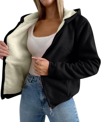 amropi Mujer Chaqueta Felpa con Capucha Sudadera Invierno Cálido Abrigo Forro Polar Casual Hoodies Negro,L