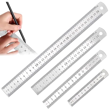 LACHT 4 Stück Edelstahl Lineal Set 10cm, 15cm, 20cm, 30cm mit Doppelseitenskala Kante Messwerkzeug Metall Stahllineal für Lehre Büro Zeichnen Engineering
