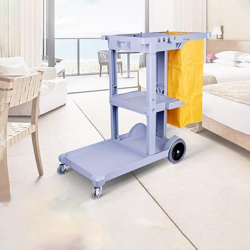 Janitor-Housekeeping Cart on Wheels Commercial Cleaning Cart with Vinyl Bag & Lid 3 Shelves Multipurpose Janitorial Cart Cleaning Utility Service Cart for Mall Hotel Office,Gray