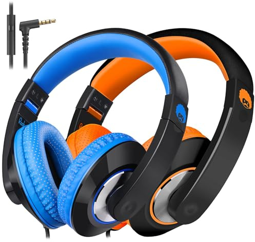Rockpapa Comfort+ Kids Headphones with Microphone, Boys Girls Student Over-Ear Headphones Wired for School Classroom Laptop PC Computer Tablet Black/Blue+Black/Orange