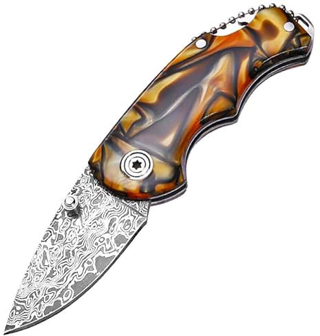 Couteau de poche pliant de 14 cm en acier damassé et résine de Damas - Petit couteau d'extérieur - Couteau de survie - Couteau de chasse tranchant - Couteau damassé - Couteau multi-cou - Couteau de