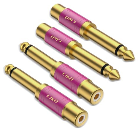 J&D RCA to 1/4 Audio Adapter 4-Pack, 6.35mm Mono Plug Male to RCA Female Connector, Gold-Plated Guitar Connectors, Red