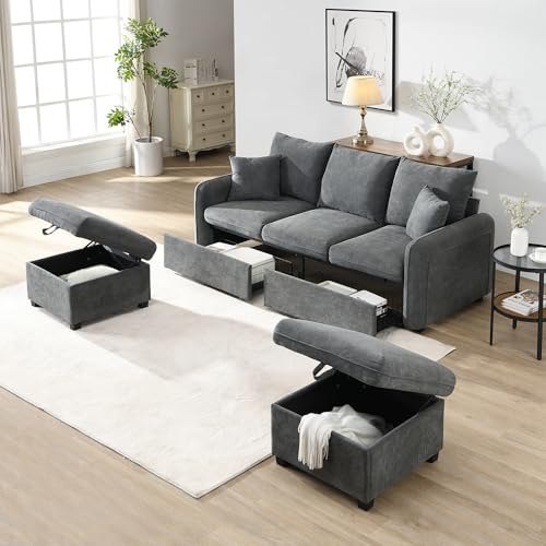 Oxtao Multifunktionale Ecksofa U-Form-Dreisitzer PolsterSofa mit Staufunktion, Inklusive Schubladen, Hocker mit Staufach, modular zerlegbares Sofa-Set mit Schlaffunktion, Chenille-Bezug (Dunkelgrau)