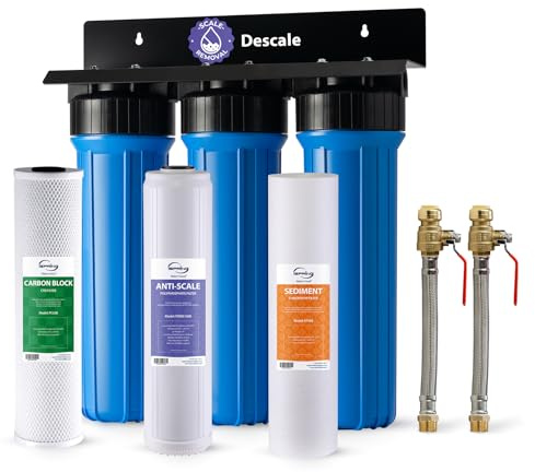 iSpring WGB32B-DS+AHPF12MNPT16X2 Anti-Scale Whole House Water Filter System w/ 3/4'' Push-Fit Stainless Steel Hose Connectors, Reduces Sediment, Scale, Chlorine, Corrosion Water Descaler Filter