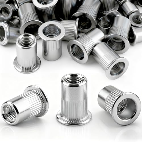 qjuwhua 60 Stück Nietmuttern M8 x 18mm Einziehmuttern Gewindenieten Flachkopf Blindnietmuttern Verzinkt Stahl Hülsenmutter Rivet Nutsert Einnietmuttern Gewindehülse Verwendet für Metallplatten Rohre