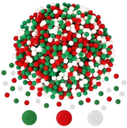 1000 Stück Klein Pompons Weihnachten, 1 cm Bunte Pompons zum Basteln Weihnachten, Rot Grün Weiß Mini Pompon für Weihnachtliche DIY Basteldekorationen