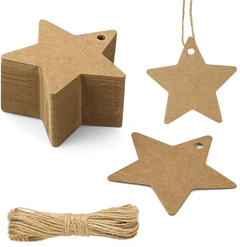Flintronic Brown Gift Tags, 60PCS Kraft Paper Tags with String, Star Blank Price Tag, Large Gift Labels for Wedding Favors, Christmas, Valentine's Day, Birthday, Halloween, Thanksgiving (Brown)