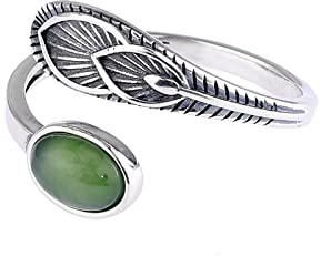 Federring, Vintage 925 Sterling Silber, grüne Jade, offene, verstellbare Ringe für Damen, Größe 6 bis 8,5