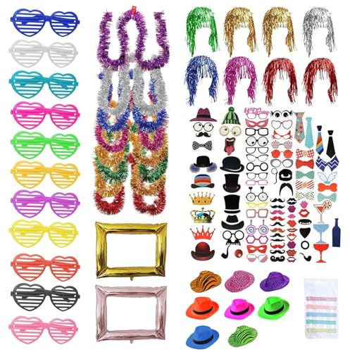 146 Stück Party Deko Fotobox Accessoires, Foto Booth Requisiten, Mützen Perücken Party Zubehör für Hochzeit, Halloween, Weihnachten, Tischdeko Geburtstag, Karneval, Silvester Deko