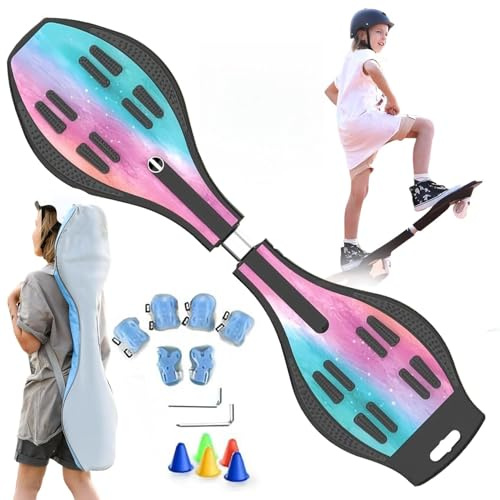 ZQHQKJ Waveboard mit LED Rädern für Kinder und Jugendliche, 360° Lenkung, bis 100kg - inkl. Protektoren-Set und Tasche - rutschfest robust,Sternglanz in Stil