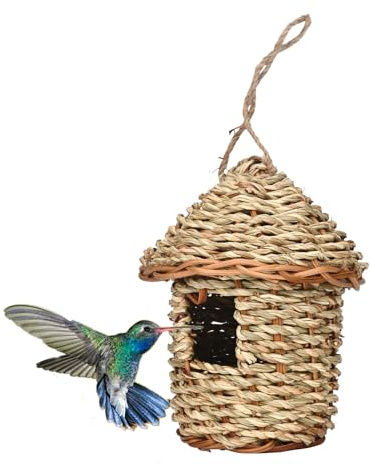 Casetta per colibrì da esterno – Casetta per in paglia intrecciata a mano da 16,3 cm, capanna naturale per nidificazione, grotta per l'allevamento di, per giardino, balcone, portico e