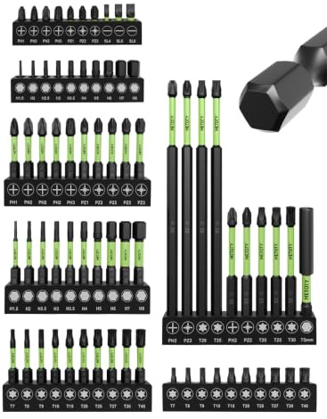 METOTY 70PCS Impact Star Screwdriver Bits Set, Magnetic S2 Steel Insert Driver Bits PH1-3/PZ1-3/SL#4-6/H1.5-8/T7-40 in 25-150mm Length, Equipped with Magnetic Extension Pole and Coded Storage Base