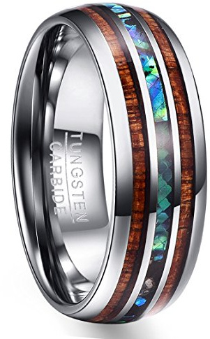 NUNCAD Bague Homme/Femme avec Coquille + Bois en Tungsten Unisexe Anneau Mariage, Fiançailles, Souvenir, Cadeaux,8mm Argenté + Bleu + Brun Taille 73.5(23.4)