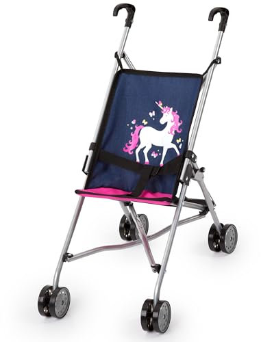 Bayer Design 30154AA Puppenbuggy, Puppenwagen, Doppelräder, Gurt, leicht faltbar, aus Metall, Blau, Rosa