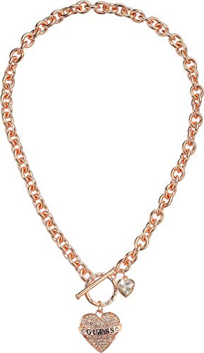 GUESS Women's Pave Heart with Logo Banner Pendant Toggle Necklace