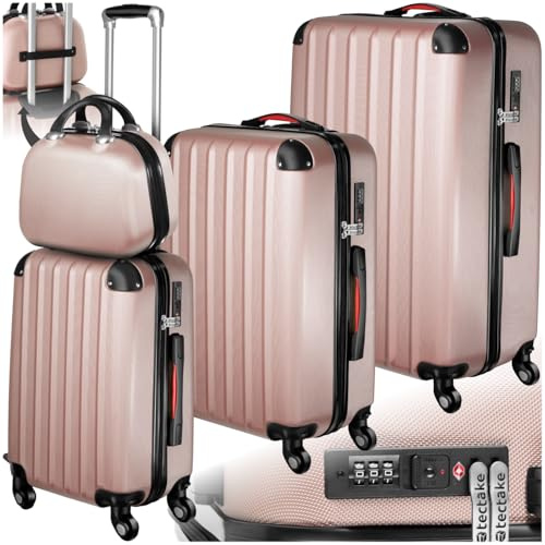 tectake® Hard Shell Suitcase Set, Lightweight Suitcases with TSA Lock, Incl. Large, Medium, Small Carry On Suitcase & Beauty Case, Ergonomic Telescopic Handles & 360° Removable Wheels - Rose Gold