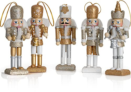 Ornativity Nutcracker Hanging Ornament Figures – Gold and Silver Glittered Christmas Mini Wooden King and Soldier Nutcrackers Xmas Holiday Tree Ornament Decor Set – 5 Pieces 5