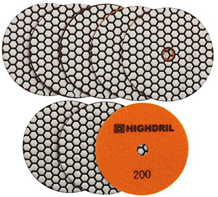 HIGHDRIL Almohadillas Pulido Diamante Seco - 8piezas #200 Almohadillas Lijado 125MM para Granito Piedra Mármol Suelo Grinder Pulir Almohadilla Kit para Taladro, Amoladora, Pulidora