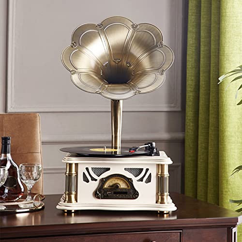 Record Player Retro, Retro Gramophone,Support Vinyl Record,3-Speed 33/45/78, 7/10/12 vinyl records, Copper Horn Built-in Independent Subwoofer 3.5mm Aux-in/USB/FM,B