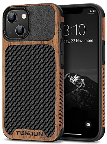 TENDLIN Kompatibel mit iPhone 14 Hülle, Holz und Carbon Textur Design Leder Hybrid Handyhülle (Schwarz)