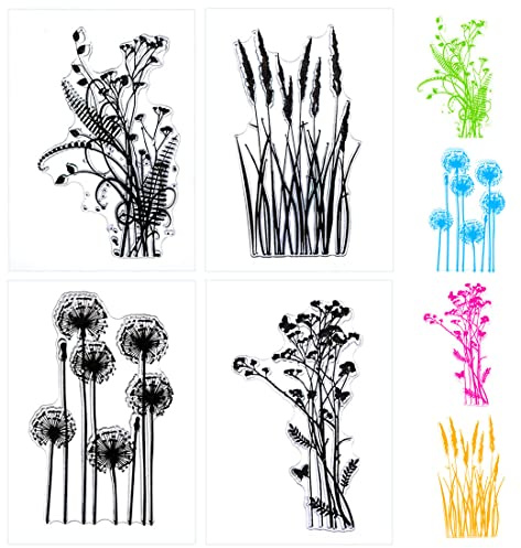 MCSQK Silikonstempel Set, 4 Blätter Clear Stamp, Stempel Blumen, Silikonstempel Löwenzahn, Stempel Silikon, Stempelset für DIY Dekoration Bullet Journal Scrapbooking Tiere und Blumen Stempelset