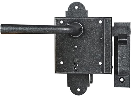 Halcö Kastenschloss Gartentor Antik links - Aufschraubschloss mit 2x Türdrücker + 1x Schlüssel + 1x Außenschild, Stahl verzinkt passiviert