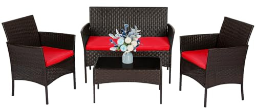 FDW | 4-Piece Patio Furniture Set | Brown & Red | Outdoor Wicker Furniture with Coffee Table | Modern Rattan Chairs Conversation Set | Outdoor Seating | Weather-Resistant | for Porch, Garden, Lawn