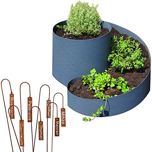 ARTECSIS Kräuterspirale 35 x 55cm aus Kunststoff + 7er Set Kräuterschilder aus Metall mit Edelrost