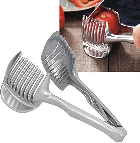 Cortadora de Frutas,Rebanador de Tomate,Cortador de Tomates en Rodajas,Cortador de Limón,Soporte para Cortador de Cebolla de Mano de Acero Inoxidable,Herramienta de Ayuda De Cocina Para Cortar Frutas
