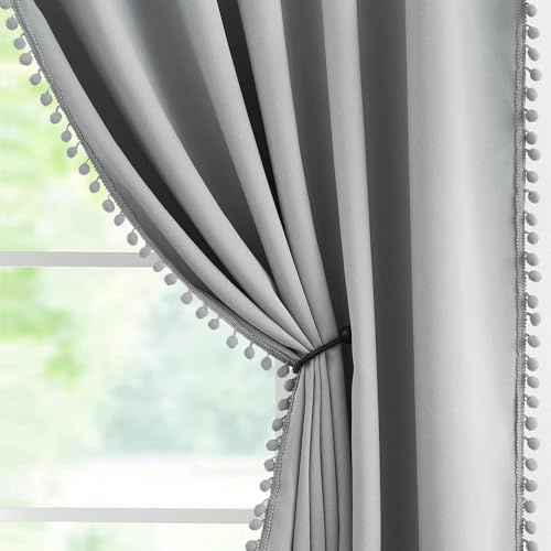 Abstractex Grey Pom Pom Blackout Drapes,Ring Top Eyelet,72,Panels | Weave Full Blackout Window Drapes for Living Room Energy Saving Treatment Curtain Sets for Hotel Guest Room