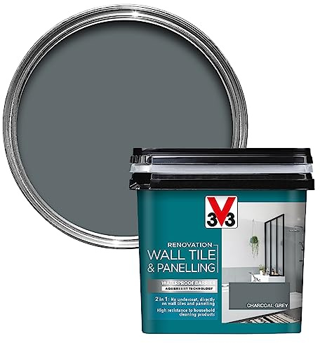 V33 Renovation Wall Tile & Panelling Paint - No Undercoat Needed - For High Moisture Surfaces - Resistant To Temperature Variations - Charcoal Grey Satin 750ml