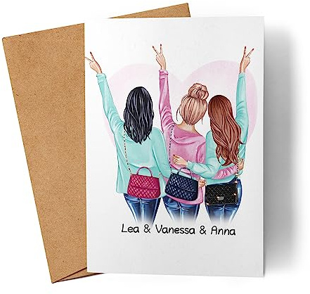 Kiddle-Design 3 Beste Freundinnen Karte Geburtstagskarte | Geschenk Beste Freundin mit Namen | Freundinnen-Bild zum Geburtstag Freundschaft Personalisiert