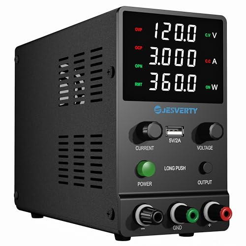 Fuente de alimentación CC variable, 0~120V 0~3A Fuente de alimentación de banco ajustable con perilla codificadora, control de salida, pantalla LED de 4 dígitos de alta precisión, puerto USB 5V/2A