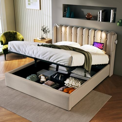 HESHU Polsterbett 140x200 cm, Doppelbett mit Hydraulisch Stauraum, Kopfteil mit Leselicht und USB Ladefunktion, Jugendbett Erwachsenenbett, Leinen, Natürlich, ohne Matratze