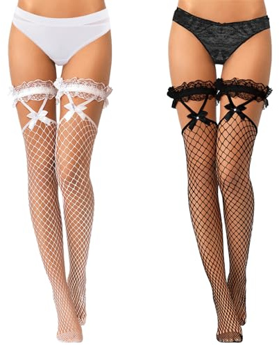 GROVL 2 Pairs of Lace Tops Fishnet Stockings Bow Suspenders Thigh High Breathable Stockings Mesh Elastic Lift Women's Stockings