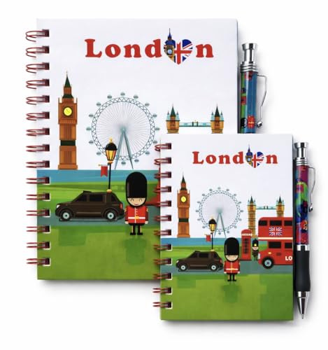 Bells Box 2 x London souvenir anteckningsbok med penna – England brittiskt kontorsmaterial set – London landmärke A5 och A6 anteckningsblock pennor