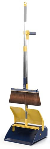 NIBHZ Broom with Dustpan Combo Set, Broom with Stand Up Dustpan, Broom and Dust Pan Set with Long Handle,Yellow