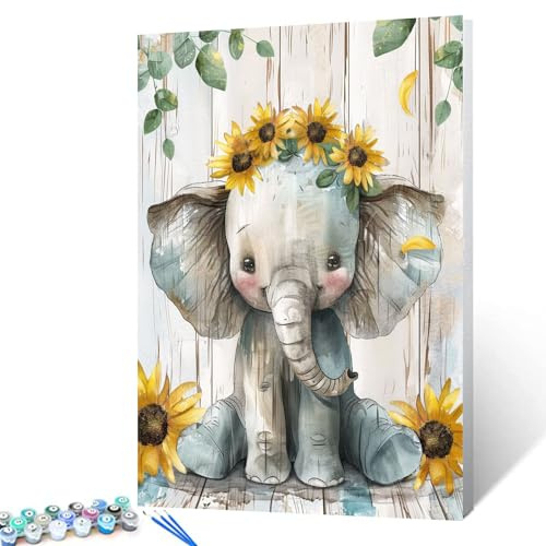 Digitales Ölgemälde zum Selbermachen, Elefant mit Sonnenblumenkrone, Bild Malen nach Zahlen für Erwachsene, Anfänger, Leinwand, niedliches Tier, Wandkunst für Wohnzimmer, Schlafzimmer, Retro-Stil,