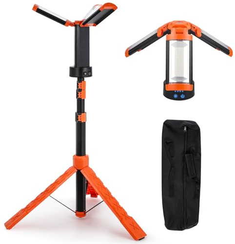 Flyrivergo Luz de trabajo recargable con soporte, luces LED de triple trabajo inalámbricas, batería de 9000 mAh, 264-2562 lúmenes, 3500-8000 K, con trípode desmontable, bolsa de almacenamiento para