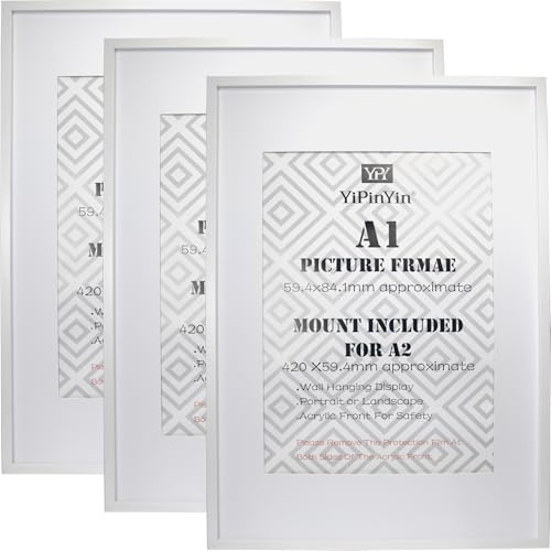 Bilderrahmen, A1 (59,4 x 84,1 cm), 3er-Set, für A2-Fotos, elegante Wandgalerie-Rahmen für Zuhause, Schlafzimmer, Wohnzimmer, Büro und Hotel-Dekor, Weiß