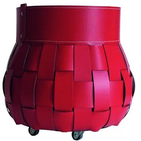 LIMAC Design TRECCIO portalegna in cuoio, borsa porta legna da interno, cesto per legna da ardere, con ruote gommate, prodotto da Limac Design®. Rosso