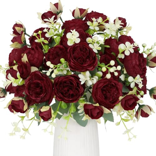 Floweroyal 4 Bündel Pfingstrose Künstliche Blumen Weinrot Blumen Seidenpfingstrosen Blumensträuße für Hochzeit Partei Tischaufsätze Blumenarrangement Heim Küche Dekor