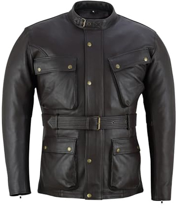 warrior gears Giacca in vera pelle di vacchetta Premium da uomo, giacca in pelle da motociclista da uomo con protezioni testate CE, fodera interna fissa, protezione dalle intemperie, Marrone - 3XL