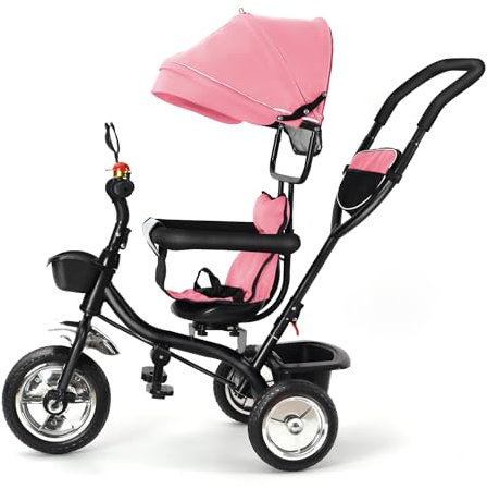 4 in 1 Dreirad, Kinderdreirad mit Schubstange, Drehbarer Sitz Vorwärts und Rückwärtsfahrt, Ausklappbarem Verdeck, Höhenverstellbar Elterngriff, Dreirad ab 9 Monate bis 25 kg (Rosa)