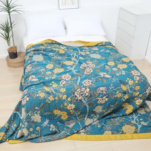 Snylcce Grande Couverture Double Face bohème - 100% Coton Bio tissé à la Main pour lit et canapé, Accent Boho Douillet pour canapés et fauteuils 2-3 Places - 200x230cm, Birds in The Woods Green