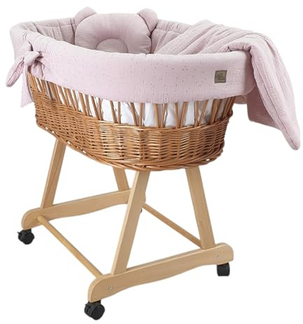 WIKLINOPOL - Moisés completo con cesta de moisés natural, colchón y ropa de cama de algodón 100% en color lila dorado, espacio seguro para dormir con ruedas y freno, modelo Amelia