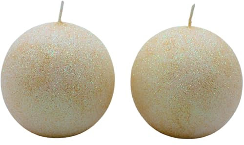 Handgjorda glitterljus, dekorativt ljus, glitterljus, bordsljus som kula – kulljus i en uppsättning om 2 i creme, leveransomfattning 2 ljus, storlek L/B/H: ca 8 x 8 x 8 cm.